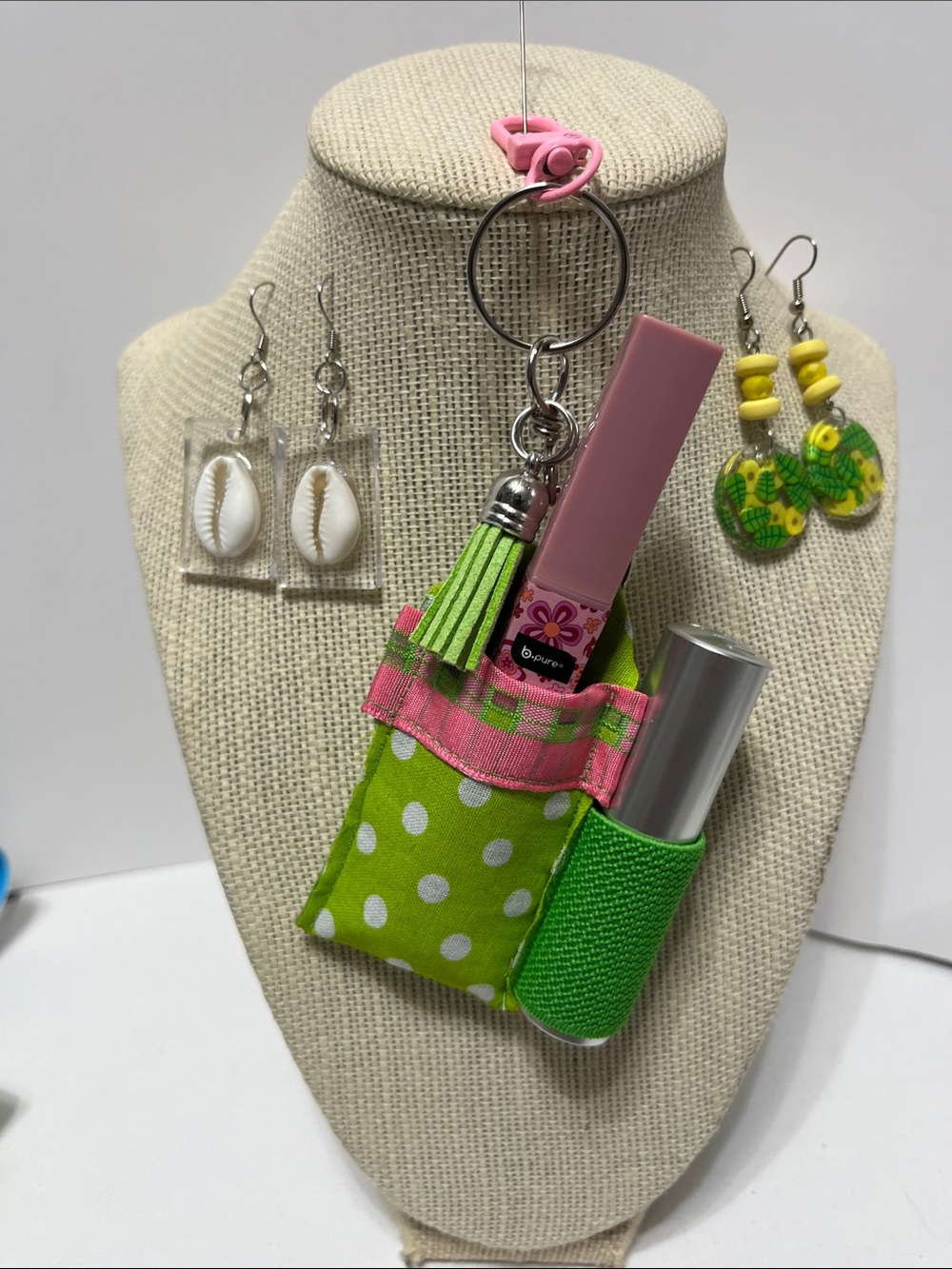 Gift Set Polka Dot Green Pink Keychain Double Pouch Lipstick Holder 2 pr Earring